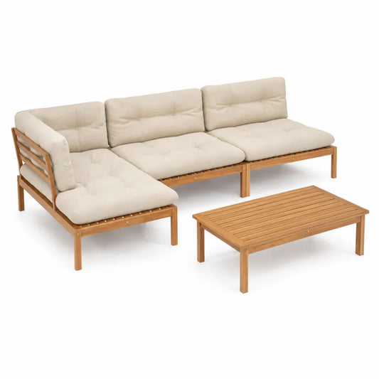 Gartenset Ecksofa und Couchtisch aus Akazienholz und Polyester in Beige
