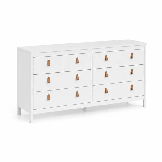 Weiße Kommode aus MDF und Massivholz mit Kunstledergriffen, 8 Schubladen