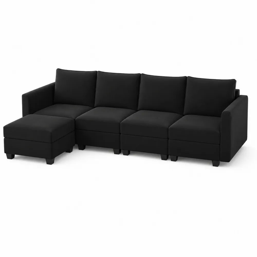 Modulares Ecksofa Set aus Stoff mit Hocker, Schwarz, 280 cm