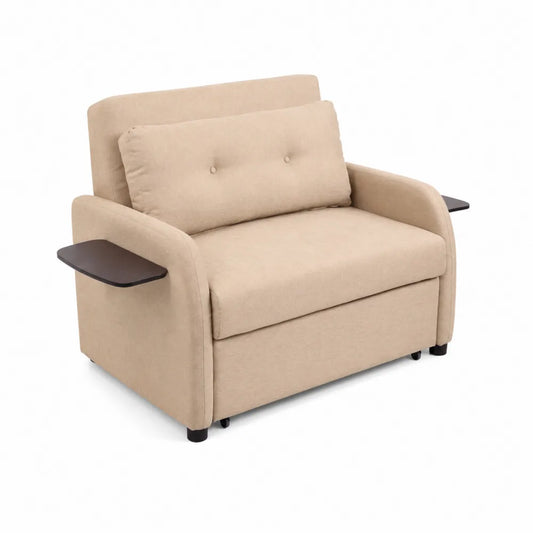 Beiges Zweisitzer-Sofa mit Holzablagen